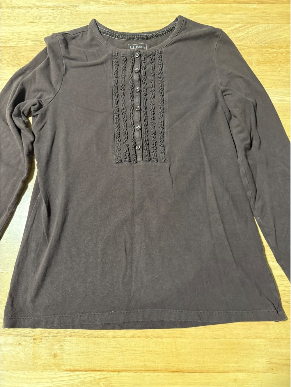 L.L.Bean Women’s Small Chocolate Brown Ruffle Henley Long Sleeve Top